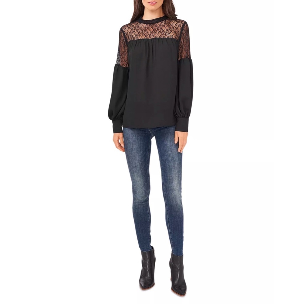 Vince Camuto Black Balloon Sleeve Lace Long Sleeve Top Blouse Size S NWOT - Picture 4 of 11